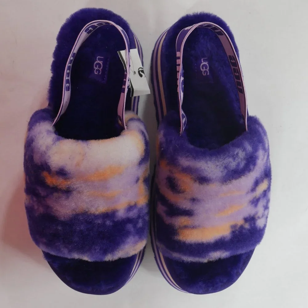 New UGG® Plush Disco Marble Fur Platform Slides Violet Night Womens Size 10